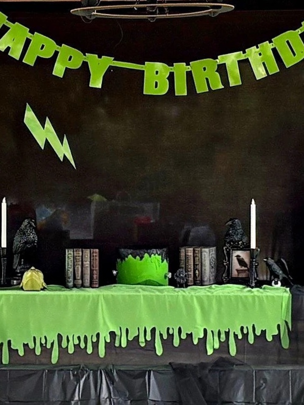 Frankenstein themed cake. Including bolts. Faux cake. Green & Black